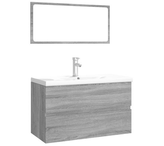 Ensemble Meuble Vasque 80 x 39,5 x 45 Cm - Vasque + Robinet + Miroir - Gris