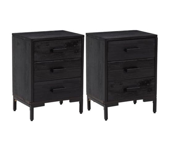 Tables De Chevet 2 PCs Noir 40x30x55 Cm Bois De Pin Massif