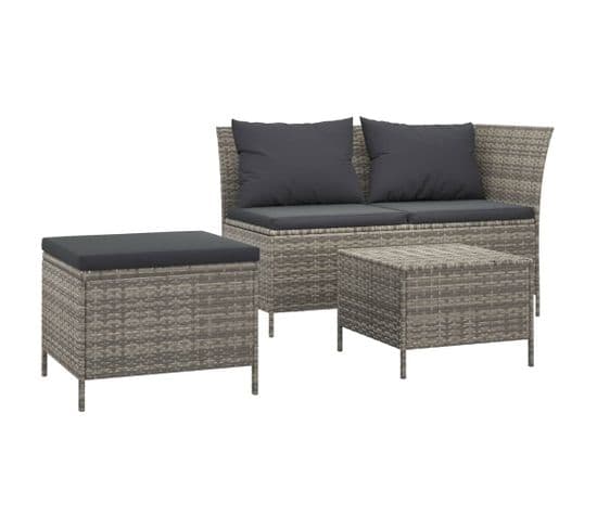 Salon De Jardin 3 PCs Avec Coussins Gris Résine Tressée