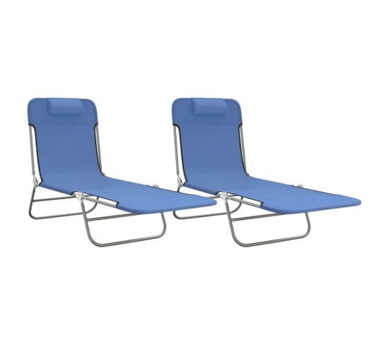 Chaises Longues Pliables 2 PCs Bleu Textilène Et Acier