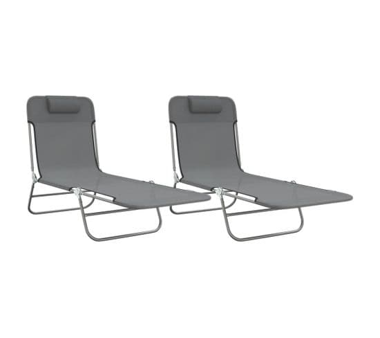 Chaises Longues Pliables 2 PCs Gris Textilène Et Acier