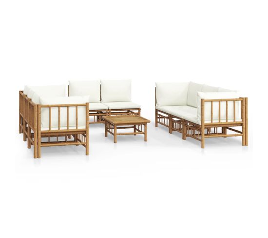 Salon De Jardin 9 PCs Avec Coussins Blanc Crème Bambou