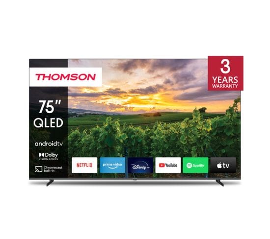 TV 75 Pouces (189 Cm) Qled Téléviseur - Smart Android TV (wlan, Hdr, Triple Tuner Dvb-c/s2/t2,
