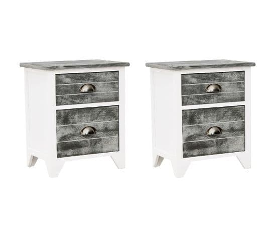 Lot De 2 Tables De Chevet - Tables De Nuit Avec 2 Tiroirs Gris Et Blanc