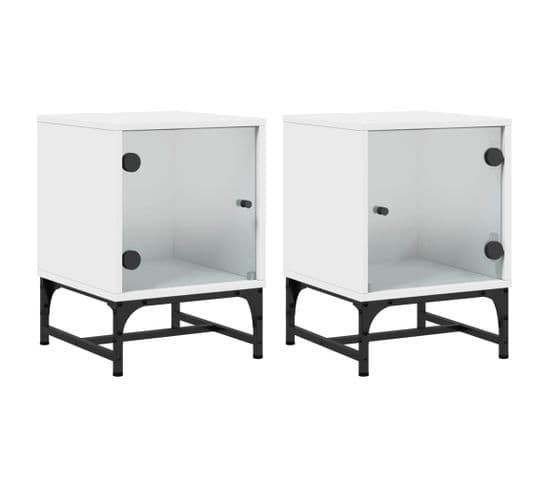 Lot De 2 Tables De Chevet Avec Portes En Verre - Tables De Nuit Blanc 35x37x50 Cm