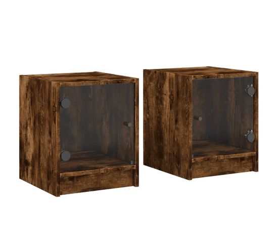 Lot De 2 Tables De Chevet Et Portes Vitrées - Tables De Nuit  Chêne Fumé 35x37x42 Cm