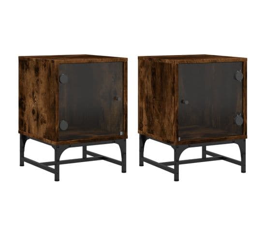 Lot De 2 Tables De Chevet Et Portes Vitrées - Tables De Nuit  Chêne Fumé 35x37x50 Cm