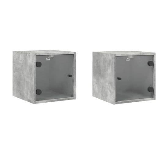 Lot De 2 Tables De Chevet Et Portes Vitrées - Tables De Nuit  Gris Béton 35x37x35 Cm