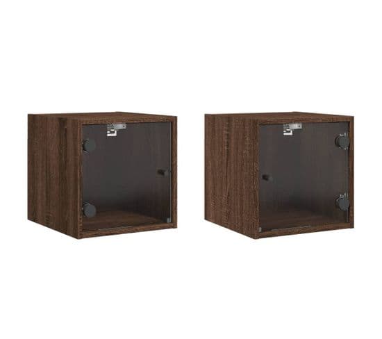 Lot De 2 Tables De Chevet Et Portes Vitrées - Tables De Nuit Chêne Marron 35x37x35cm