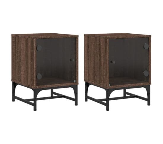 Lot De 2 Tables De Chevet Et Portes Vitrées - Tables De Nuit Chêne Marron 35x37x50cm