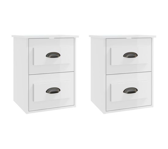 Lot De 2 Tables De Chevet Murales - Tables De Nuit Blanc Brillant 41,5x36x53 Cm