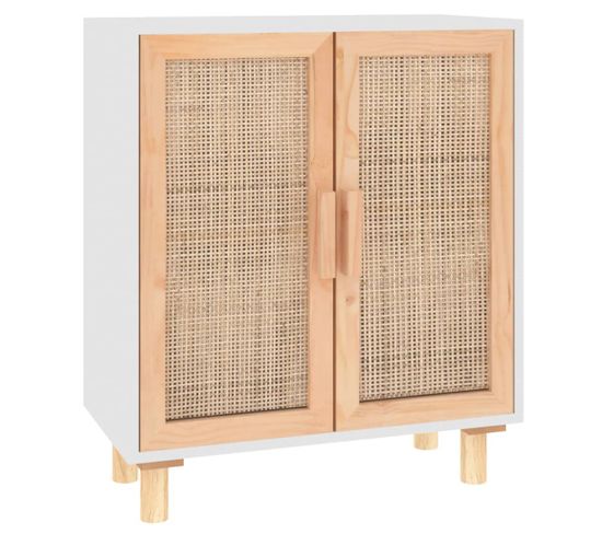 Buffet - Bahut - Meuble De Rangement Blanc 60x30x70 Cm Bois De Pin Massif Et Rotin Naturel