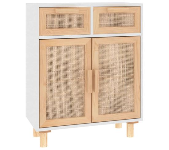 Buffet - Bahut - Meuble De Rangement Blanc 60x30x75 Cm Bois De Pin Massif Et Rotin Naturel