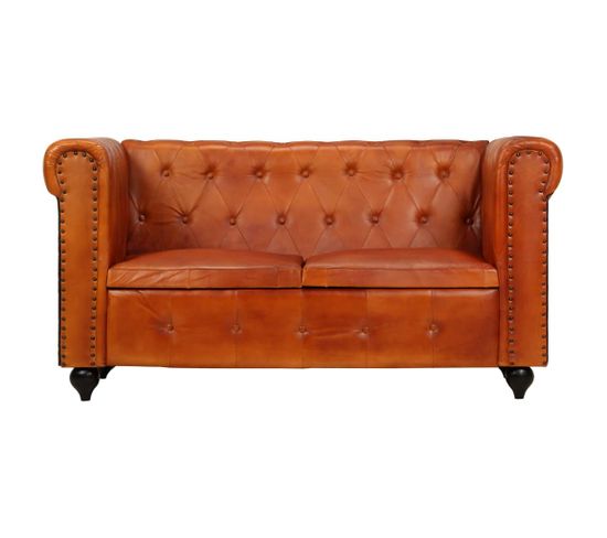 Canapé Chesterfield 2 Places - Canapé Fixe - Canapé Droit Brun Roux Cuir Véritable