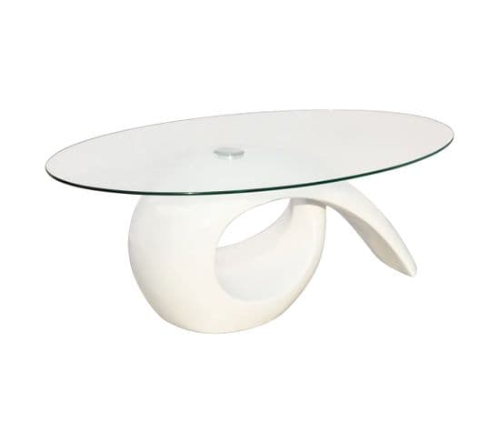 Table Basse, Table De Salon Avec Dessus De Table En Verre Ovale Blanc Brillant