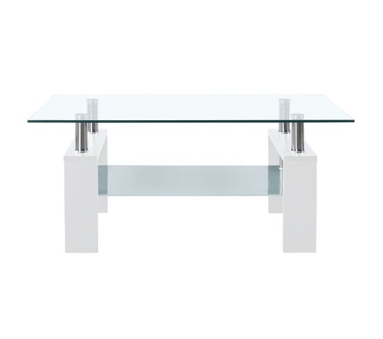 Table Basse, Table De Salon Blanc Et Transparent 95x55x40 Cm Verre Trempé