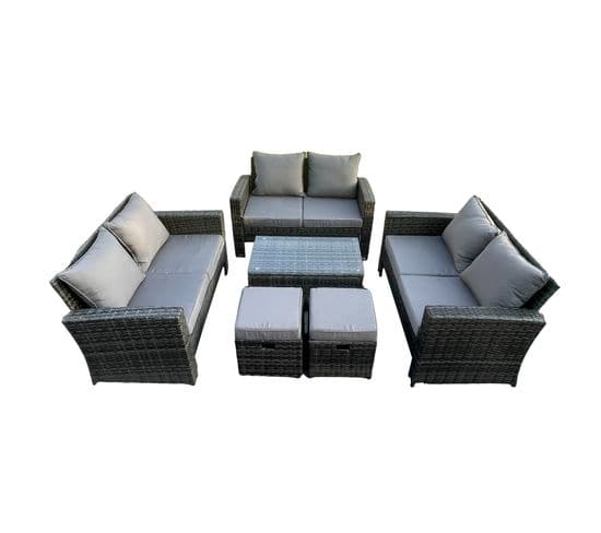 6pc Salon De Jardin En Rotin Ave 2 Petit Tabouret Canapé Deux Places Gris Foncé