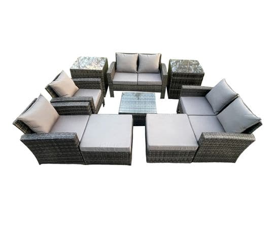 Salon De Jardin En Rotin 9 Pièces Ave 2 Grand Tabouret 2 Table D'appoint Gris Foncé