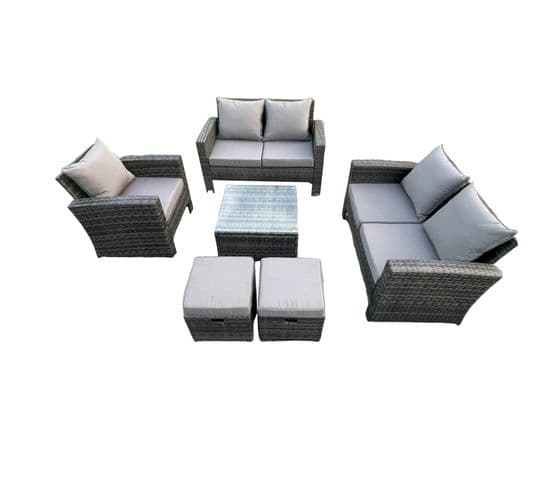 7 Places Salon De Jardin En Rotin Ave Table Basse Chaise 2 Petit Tabouret Gris Foncé