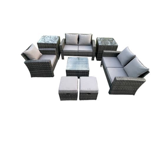 7 Places Salon De Jardin En Rotin Ave Table Basse Chaise 2 Table D'appoint Gris Foncé