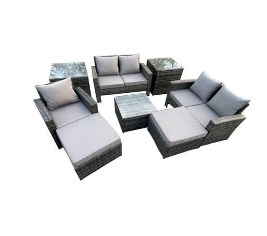 7 Places Salon De Jardin En Rotin Ave Table Basse Chaise 2 Table D'appoint Gris Foncé