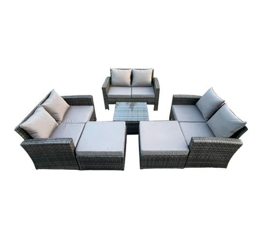 8 Places Salon De Jardin En Rotin Ave Table Basse 2 Grand Tabouret Gris Foncé