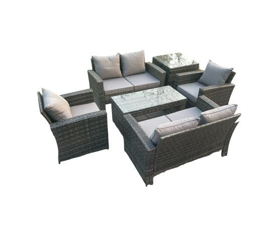 6 Places Gris Foncé Salon De Jardin En Rotin Table Basse Ave Canapé D'amour Fauteuil