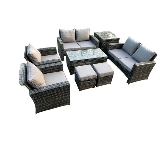 8 Places Gris Foncé Salon De Jardin En Rotin Table Basse Ave Canapé D'amour 2 Petit Tabouret