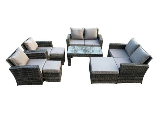 9 Places Gris Foncé Salon De Jardin En Rotin Table Basse Ave Canapé D'amour Fauteuil 3 Tabouret