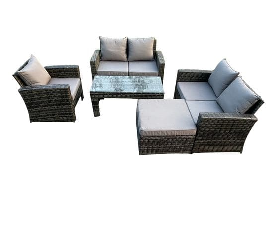 5pcs Salon De Jardin En Rotin Ave Table Basse Grand Tabouret Gris Foncé