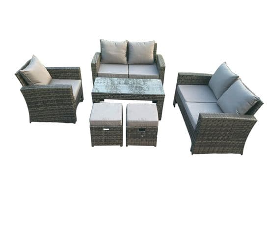 7 Places Salon De Jardin En Rotin Ave Table Basse 2 Petit Tabouret Gris Foncé