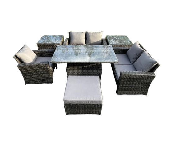 7pcs Salon De Jardin En Rotin Ave 2 Table D'appoint Grand Tabouret Gris Foncé