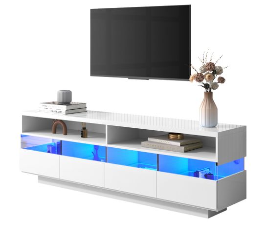Meuble Tv Moderne Avec Éclairage Led, Compartiments Et Tiroirs Spacieux