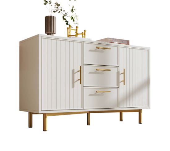 Buffet Blanche avec 2 Portes et 3 Tiroirs, Étagère Réglable, 75 x 120 x 40 cm