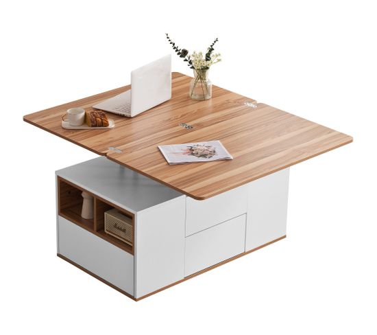 Table Basse Multifonction Pratique - Plateau Se Transforme En 2 Tables, Blanc