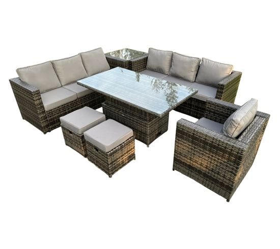 Salon De Jardin En Rotin Avec Table Élévatrice 2 Canapés Fauteuil Mélange Gris Foncé