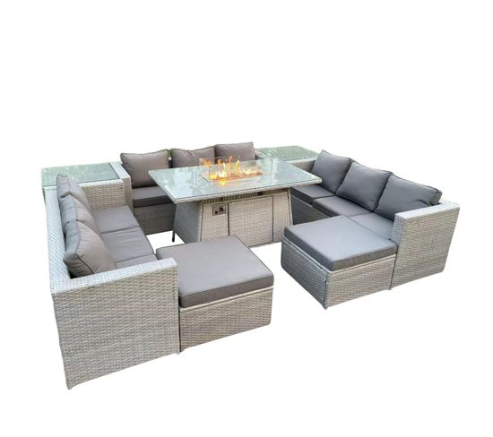 11 Places Salon De Jardin En Rotin Ave 2 Canapé Et Fauteuil ,2 Grand Tabourets Gris Clair