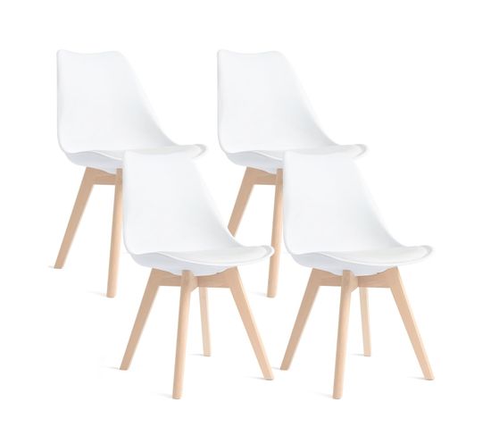 Lot De 4 Chaises - Blanc - Chaise Scandinave - Pieds En Bois (4 Chaises Dans Un Colis)