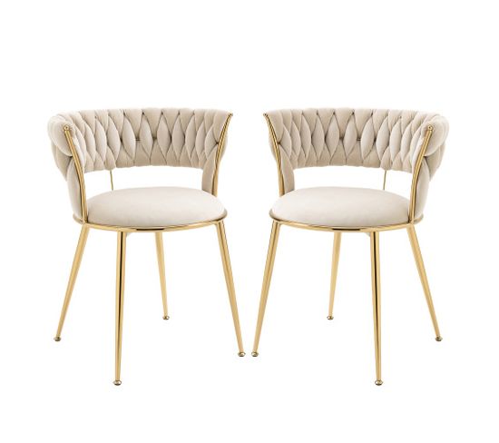 Lot de 2 Chaises en Velours, Dossier Moderne avec Accoudoirs, Pour Salle à Manger/Salon - Ivoire