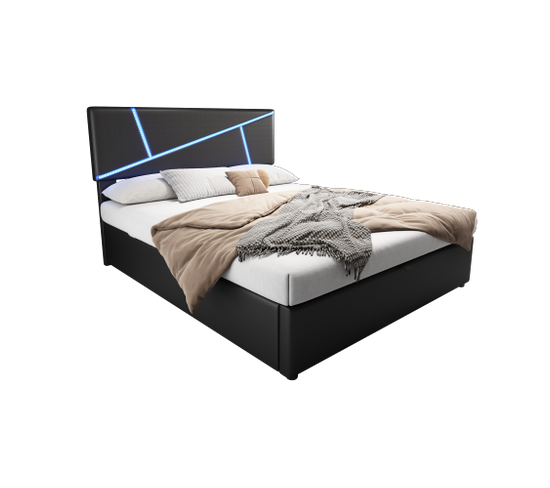 Lit Rembourré Confortable Avec Bandeaux Lumineux LED, 160x200 Cm, Noir