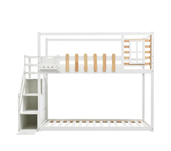 Lit Superposé Avec Escalier, Fenêtre Et Compartiment De Rangement, Blanc, 90x200cm