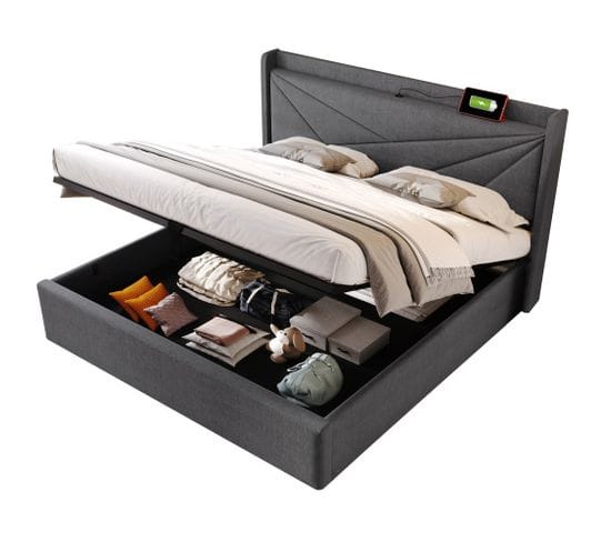 Lit Polsterbett Doppelbett Avec Espace De Rangement Et Port USB Type , 180x200