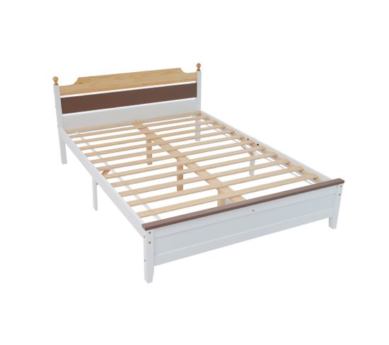 Lit Double En Bois Avec Pied Central, Cadre En Pin, Blanc, 140x200 Cm