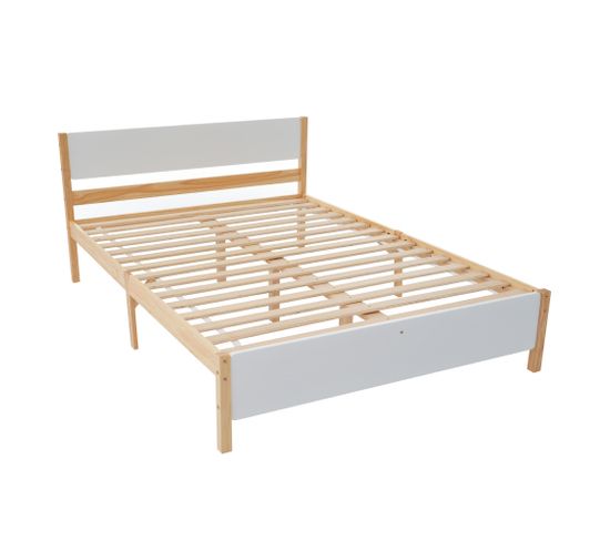 Lit En Bois Double, Cadre En Pin Avec Pied Central, Blanc + Naturel, 140x200 Cm