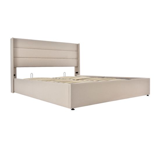 Lit De Rangement à Vérin Hydraulique Avec Sommier Beige 140x200cm