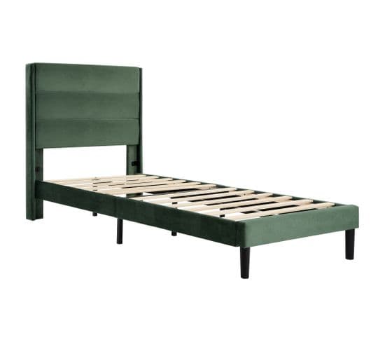 Lit Double Rembourré 90 X 200 Cm Avec Cadre De Lit à Lattes Et Tête De Lit En Velours Vert Foncé