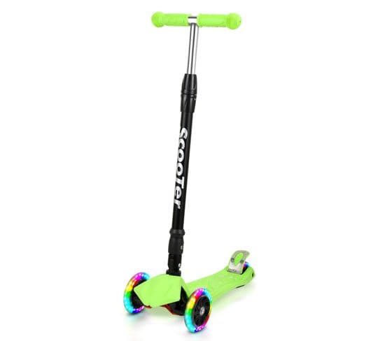 Trottinette Pour Enfants Pliable Avec 3 LED Roues Lumineuses Réglable En Hauteur Vert