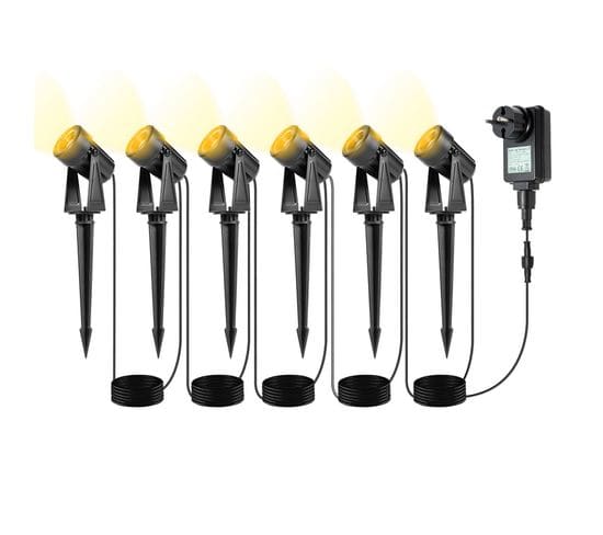 Lot De 6 Spots Piquets Extérieurs, Projecteur De Jardin à LED Étanche Ip65 Cob Blanc Chaud