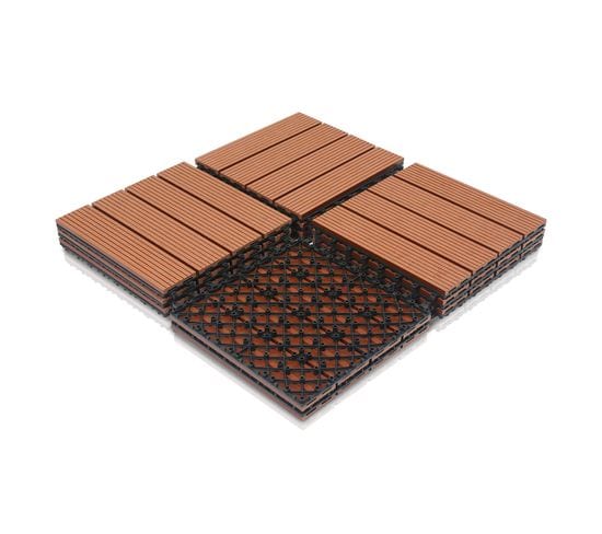 22x Dalles De Jardin Clipsables En Bois Composite Wpc Brun 30 X 30cm Type Mosaïque Revêtement