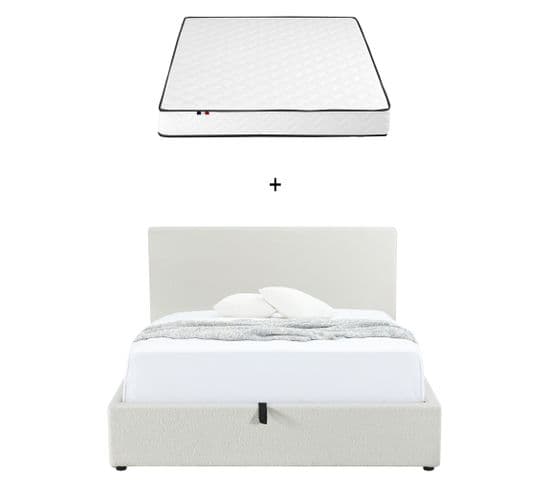 Ensemble LIT SYLA avec sommier en tissu bouclette crème + Matelas ADEONA 140x190cm